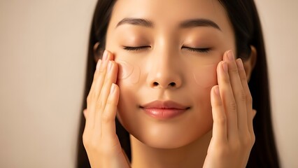 Tranquil Asian Woman Enjoying Relaxation with Gentle Facial Massage, Calm Expression and Glowing Skin for Spa, Wellness, and SelfCare Concepts