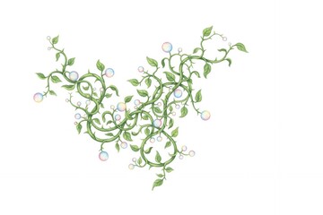 Decorative green vine with leaves and bubbles on white background bioplastic chemical structure