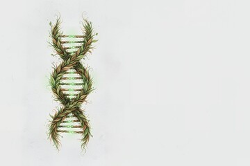 DNA helix created with green leaves on white background bioplastic chemical structure