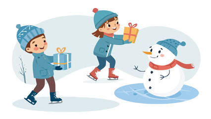 Fototapeta premium Cheerful children on skates bringing gifts to a happy snowman, joyful winter holiday scene with playful energy, adorable seasonal illustration, perfect for festive ads