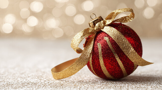 Red Christmas Ornament With Gold Ribbon On Glittering Surface For Holiday Decor