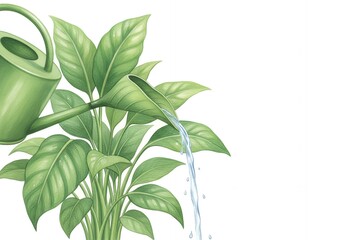 Watering green plant with watering can in minimalist style saving water in home