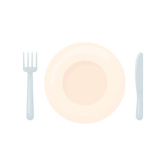 A plate with a spoon and fork on a white background. An empty white plate. Element of a restaurant, cafe, kitchen, etc.