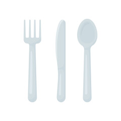 A set of fork, knife, and spoon on a white background. Kitchen elements.