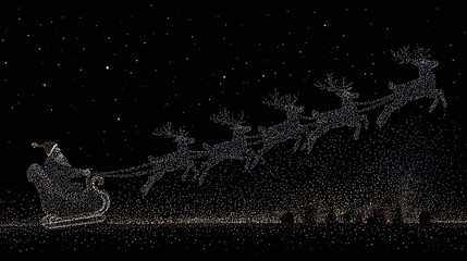 Santa sleigh flies over city lights with reindeer and sparkling night sky above a festive dream