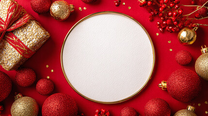 Round white card framed by festive red and gold décor with ornaments baubles and gifts creating a warm holiday mood ideal for Christmas and New Year promotions and greetings