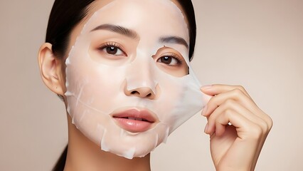 Young Woman Removing a White Hydrating Facial Peel Mask for Glowing Skin - Skincare and Beauty Routine Concept