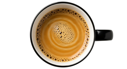 Top view of a cup of coffee with foam isolated on transparent background