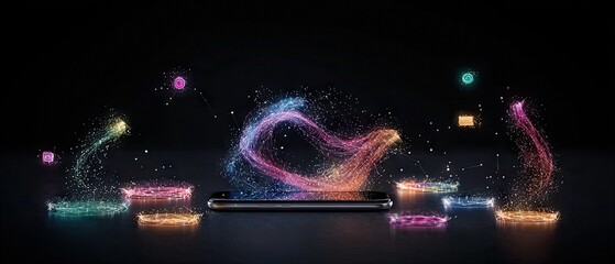 A smartphone on a dark surface emits vibrant, swirling light particles and abstract data streams in various colors, creating a futuristic and technological atmo