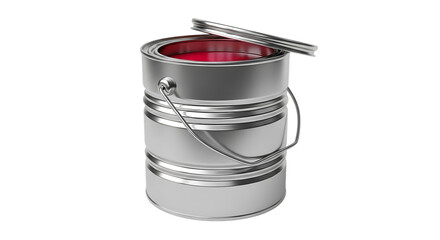 Open silver paint can with red paint isolated on transparent background studio shot