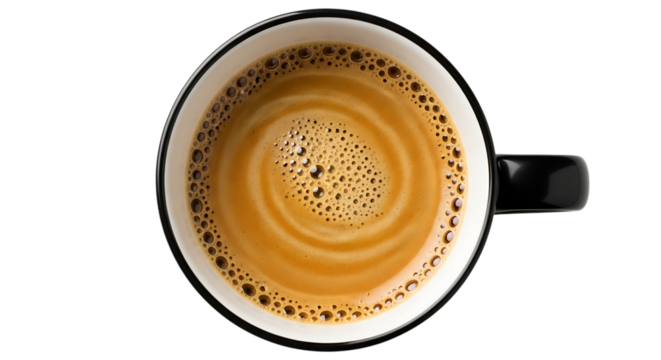 Top view of a cup of coffee with foam isolated on transparent background