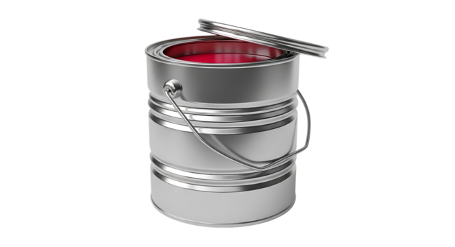 Open silver paint can with red paint isolated on transparent background studio shot