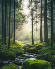 Obraz premium Misty forest with moss and soft warm sunlight filtering through