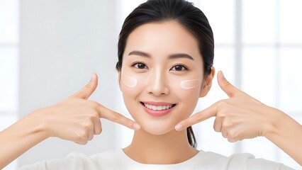 Youthful Asian Woman Applying Skincare Creams with a Bright Smile in Natural Light