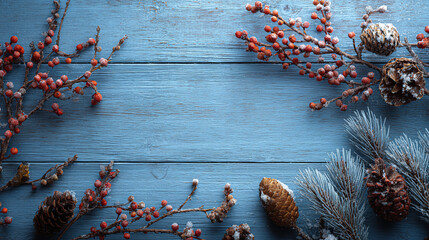 Winter holiday scene with blue wood background pine branches berries and pinecones