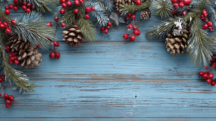 Winter holiday scene with blue wood background pine branches berries and pinecones