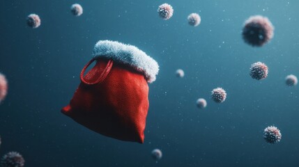 Red Christmas sack floating in blue background with abstract virus particles representing holiday challenges and health concerns