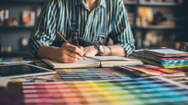 Creative Designer Working on Color Palette with Sketchbook and Swatch Samples in Art Studio Environment