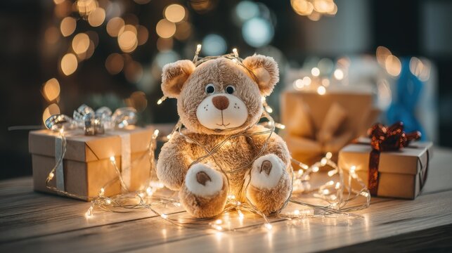Adorable teddy bear surrounded by fairy lights and holiday gifts on a wooden table with a bokeh background