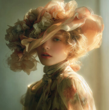 Victorian era features a young woman adorned with an elaborate floral hat and sheer white garments, gazing directly at the viewer with a captivating expression.