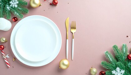 sophisticated New Year's family dinner table arrangement. Gold cutlery, cup, baubles, candle, and holiday embellishments on red background