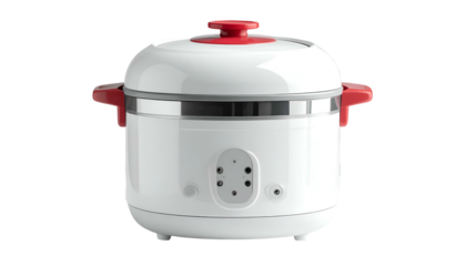 White electric rice cooker with red accents on a black background