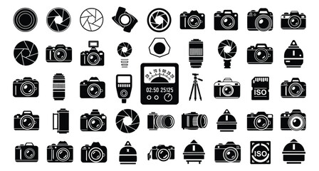 Collection of Photographic Equipment Icons Representing Cameras Lenses and Accessories in Vector Format Perfect for Graphic Design and Photography Related Projects