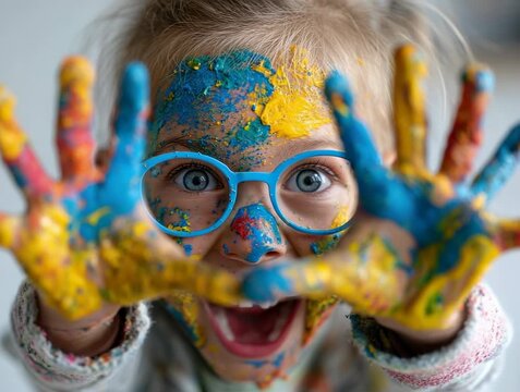Exciting paint fun with a joyful child creating colorful art indoors during a creative activity session