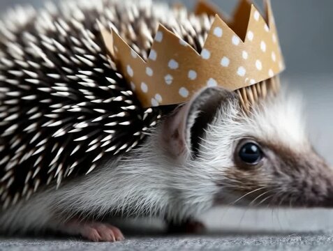 Cute hedgehog wears a golden crown while sitting on a soft surface indoors