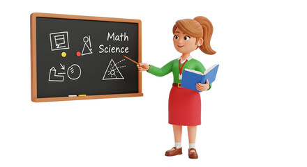 Cartoon teacher pointing at blackboard with math and science symbols silhouette