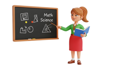 Cartoon teacher pointing at blackboard with math and science symbols silhouette