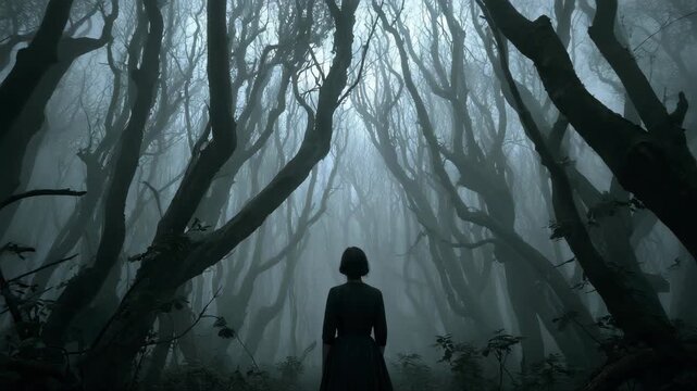A woman explores a dark and foreboding forest, a dense fog, the trees are deformed and grotesque