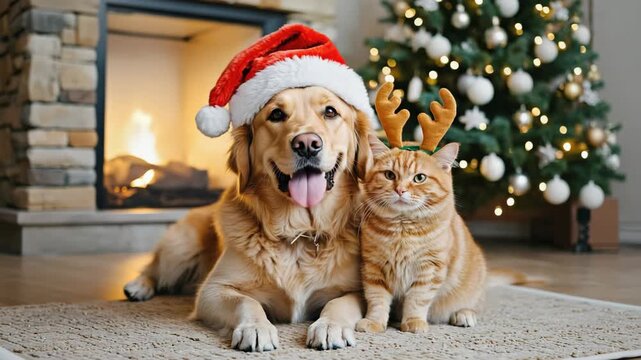 A golden retriever dog and ginger cat celebrate christmas together. Cute pets wearing a santa hat and reindeer antlers pose by a cozy fireplace and decorated tree
