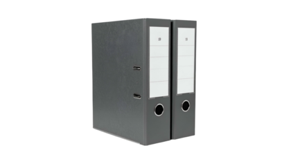 Two grey ring binders stand vertically on a black background