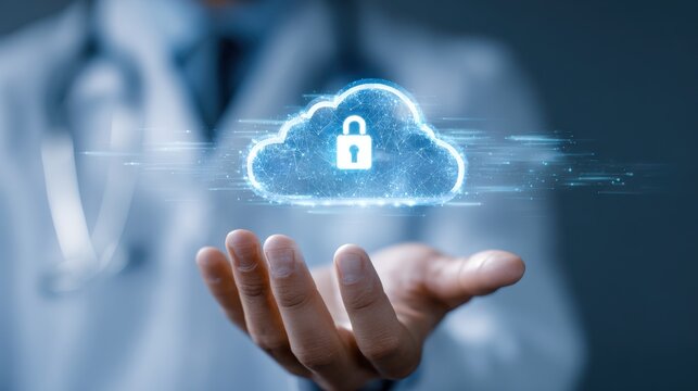 Secure Cloud Computing Concept with Digital Lock Representing Data Protection and Cybersecurity in Modern Technology Environment for Healthcare Professionals - Powered by Adobe
