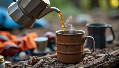Brewing hot coffee from a moka pot into a rustic camping mug outdoors on stones