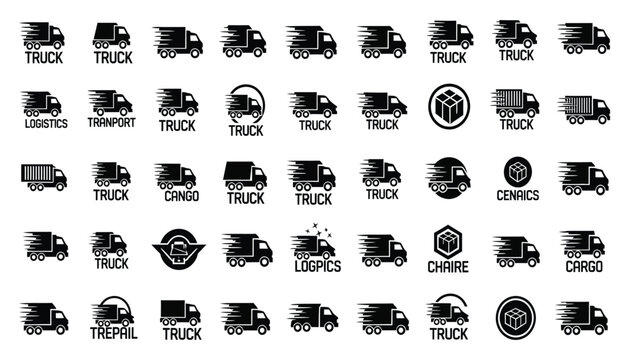 Collection of truck logos and icons in black and white for transportation businesses and logistic companies emphasizing speed and efficiency in vector format