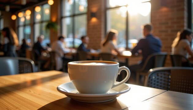 Close up of a white ceramic coffee cup with latte art resting on a wooden table inside a cafe - Powered by Adobe