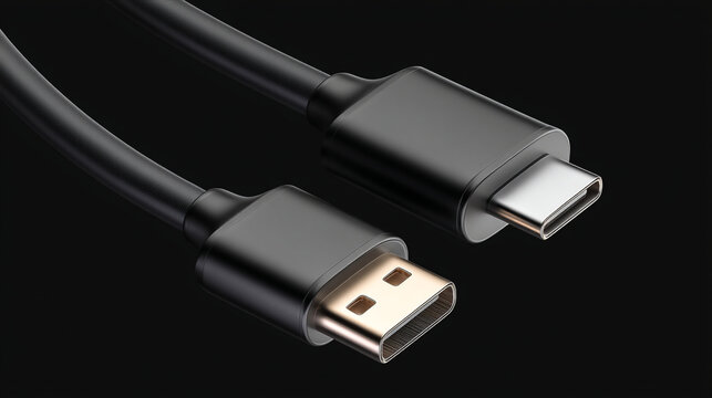 Close up shot of a black cable with a usb c connector and a displayport connector end