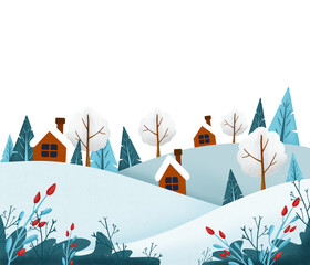 Cozy Winter Village Snow cartoon Landscape Illustration background 