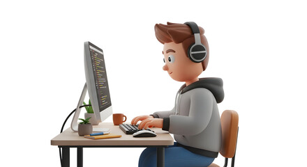 Young boy in silhouette using a computer with headphones