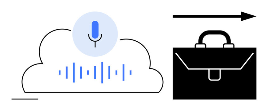 Microphone over cloud icon with sound waves, black briefcase, and arrow signifying progress. Ideal for voice recognition, AI, business solutions, cloud storage, innovation, remote work digital