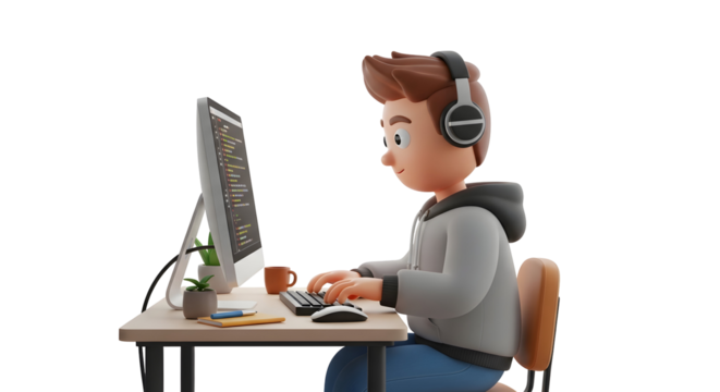 Young boy in silhouette using a computer with headphones