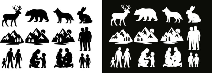 Naklejka premium Wildlife & Family Silhouettes – Animals, Mountains & People Vector Set