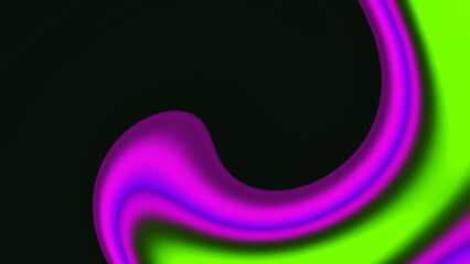 Bright fluid violet, neon green swirl on black background. Abstract defocused purple pink wave. Glitch Art tech trippy digital card. Backdrop. Royal banner. Template. Luxury texture. flyer. Spiral.