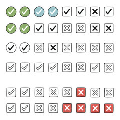Hand-Drawn UIUX Vector Icons Check Marks & X Marks - Doodle Line Art Graphic Design Assets