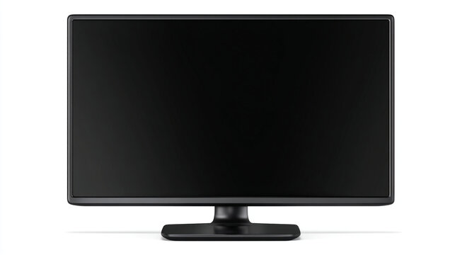 A black flat screen monitor on a stand displayed against a white background space