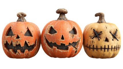 Spooky Halloween pumpkins grinning with carved faces, ready to celebrate autumn festivities and trick or treating, perfect for holiday themed designs
