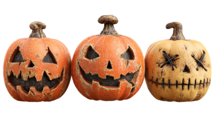 Spooky Halloween pumpkins grinning with carved faces, ready to celebrate autumn festivities and trick or treating, perfect for holiday themed designs
