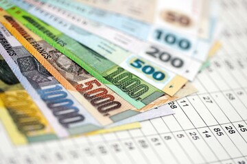 Congolese francs money bills banknotes on document with business calculations table close up. Business, investment and taxation in Democratic Republic of Congo